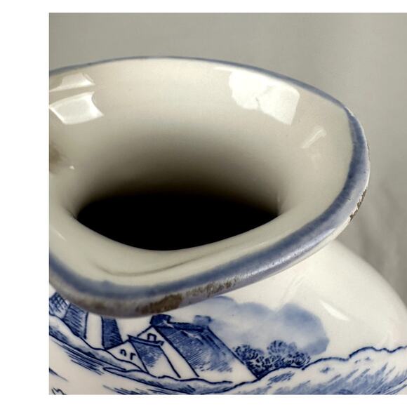 Pitcher Dutch Ceramic Left Handed Poem Blue Trim Lettering 5 Ins. Tall - Picture 6 of 7